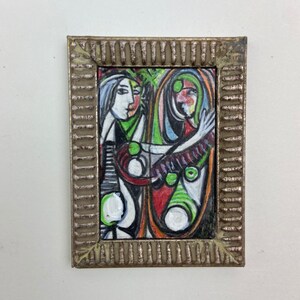 recreated after PICASSO&#39;s GirlBeforeaMirror 1:12 scale, DOLLHOUSE MINIATURE, prismacolor and acrylic painting, custom frame, Shelly Zeiden