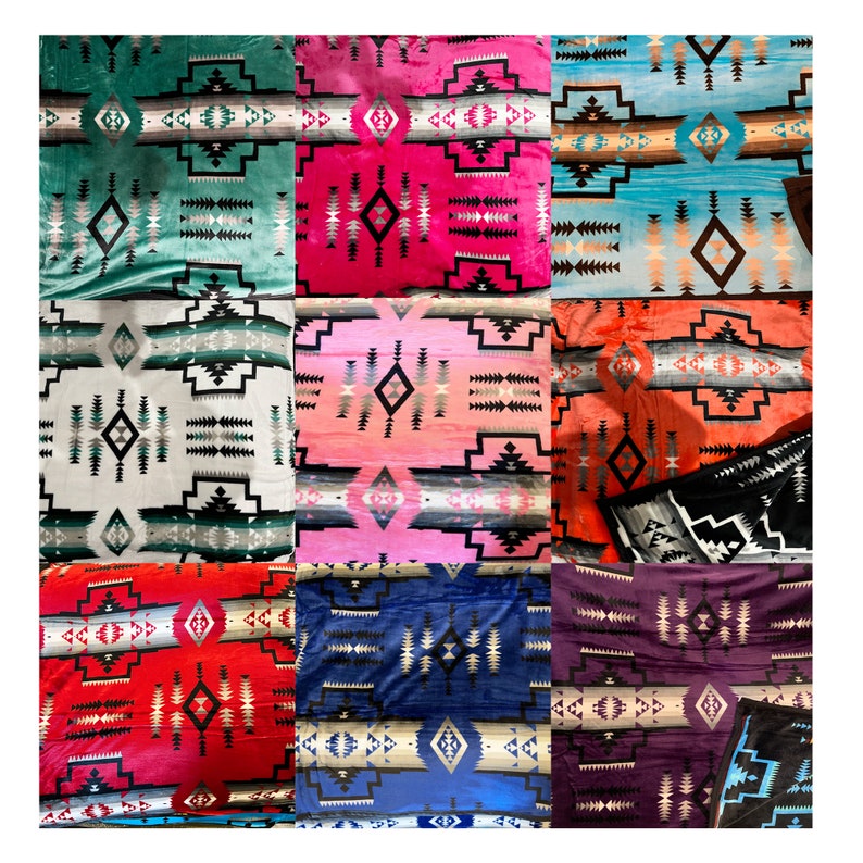 May include: A collage of nine different patterned blankets with geometric designs in various colors, including teal, pink, red, blue, and purple.