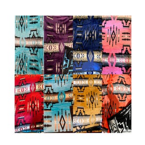 May include: Nine different patterned blankets with a southwestern design. The blankets are in various colors, including teal, purple, blue, pink, red, yellow, and black.