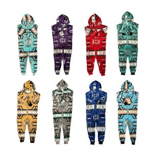 May include: Eight different patterned pajamas in various colors, including teal, purple, red, gray, yellow, blue, and light blue. The pajamas have a hooded top and long pants.
