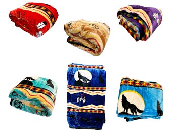 Native American Design Luxurious Plush Thick Wolf Puffy Reversible Blanket 79"x87"