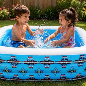 Pode incluir: Uma piscina inflável retangular com um exterior azul brilhante apresentando um padrão geométrico repetitivo em tons de vermelho, preto e branco. A piscina tem uma borda superior branca espessa e está cheia de água, criando um efeito de respingo.