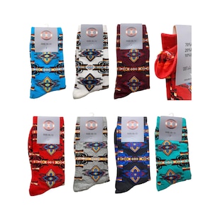May include: Eight pairs of colorful socks with geometric patterns. The socks are all the same size, 10-13. The socks are made of 70% cotton, 20% polyester, and 10% spandex.