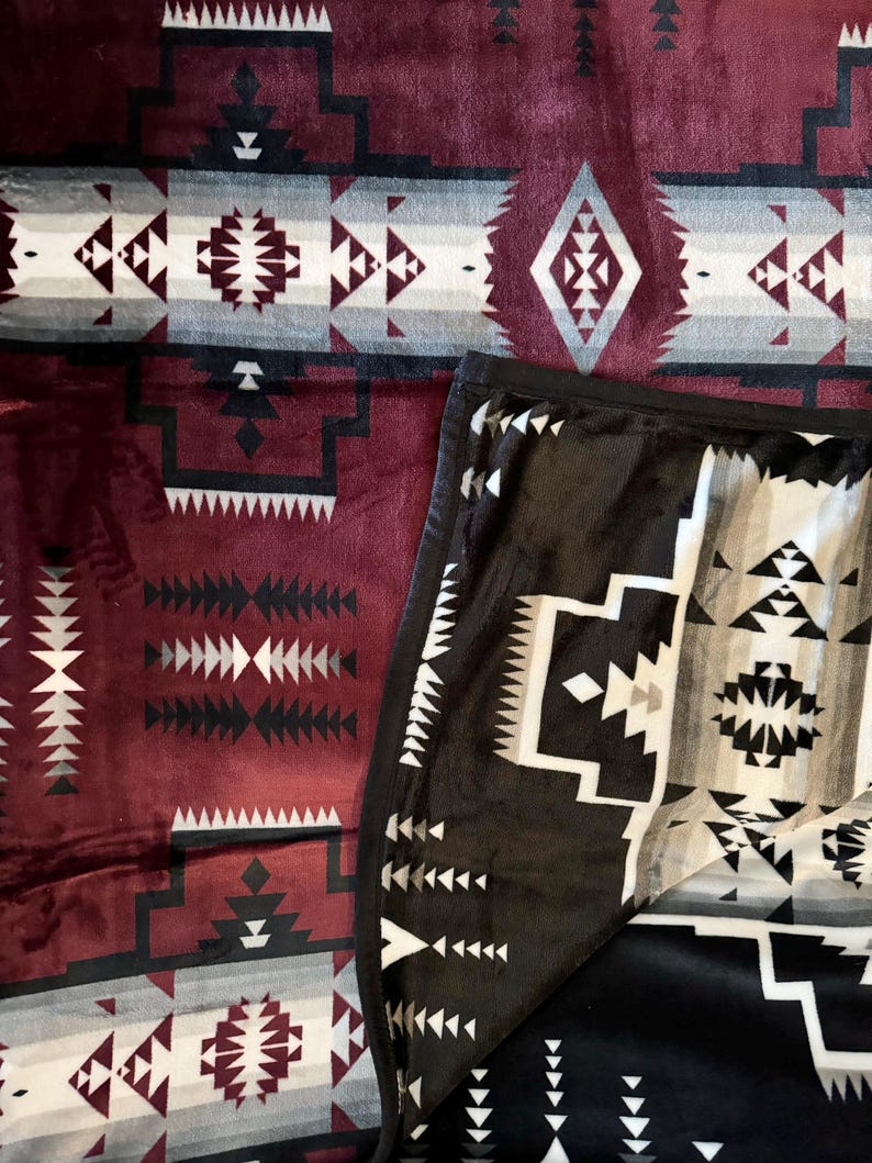 Native American Design Super Soft Queen Size Reversible Blanket Maroon
