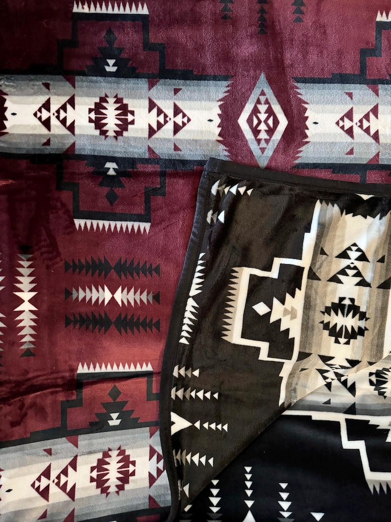 Southwest Native American Style NEW Design Super Soft Reversible Blanket Maroon
