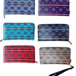 Cartera de mujer de cuero con diseño de estilo nativo americano, larga, con cremallera y tarjetero