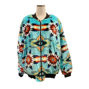 May include: A blue bomber jacket with a geometric pattern in shades of orange, red, black, and white.