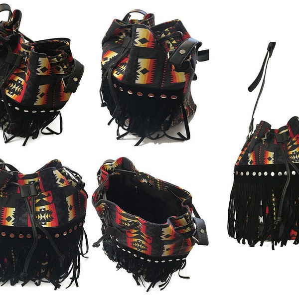 Southwest Native American Design Bucket Bag Purse With Fringe For Gifts