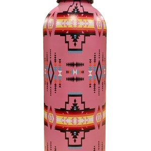 May include: A pink stainless steel water bottle with a geometric pattern in shades of red, yellow, blue, and black. The bottle has a pink lid.