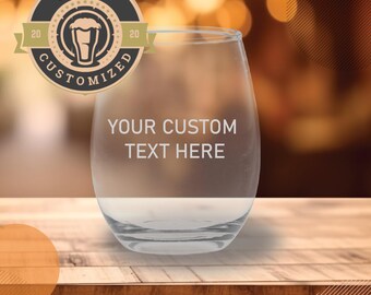 Custom Text Etched Stemless Wine Glass, Personalized Wedding Gift