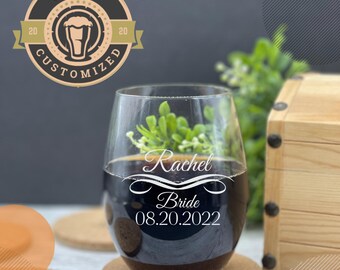 Engraved Stemless Wine Glass: Custom Bridesmaids Gift, Wedding Favor