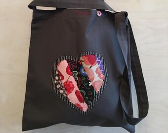 Cotton bucket bag with heart applique. Grey cotton tote bag with crossbody strap
