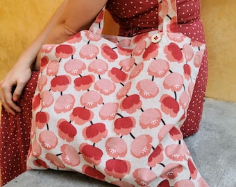 Hand sewn large beach bag. Large fabric bag with poppies. Cotton.