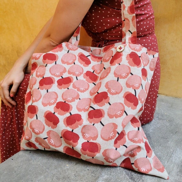 Mycket stor, färgglad strandväska. XXL-tygväska med vallmo, tillverkad av bomullstyg. Färgglad, somrig tygväska med blommor.