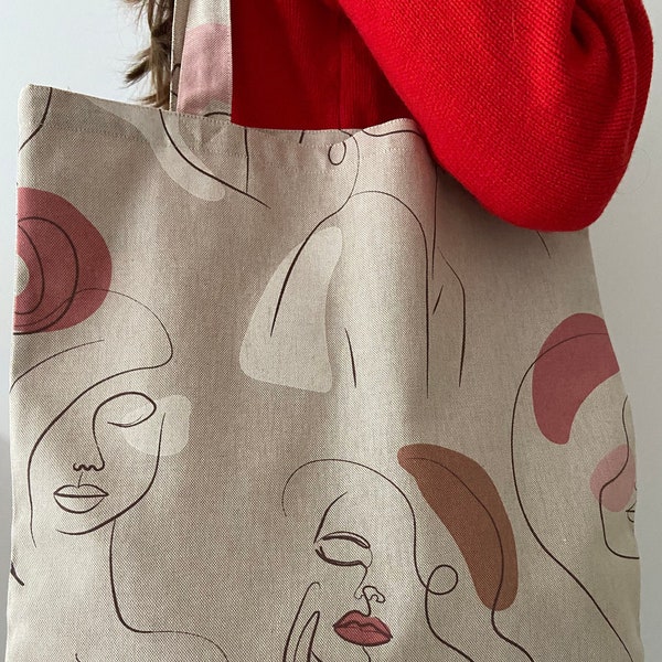 Sac shopping en tissu. Sac en tissu design artistique à une ligne. Visages. Sac fait main. Sac en tissu pour femme. sac de courses.