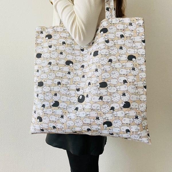 Fabric bag sewn with sheep in white & black. Cloth bag sheep cotton. Stupid sheep. Sheep. Sewed jute bag. Gifts sheep.