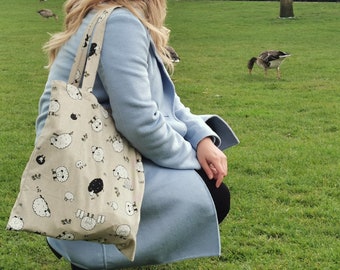 Stitched sheep shopping bag, handmade cotton jute bag with sheep. Stupid sheep. Sheep. Sewn fabric bag.