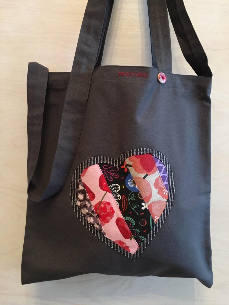 Cotton bucket bag with heart applique. Grey cotton tote bag with crossbody strap