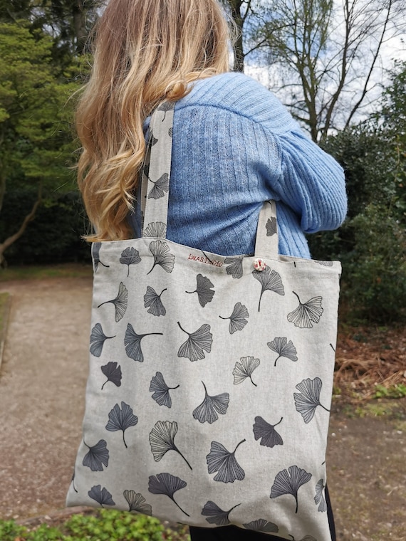 Cotton Fabric Bag With Blue Ginkgo Leaves. Hand sewn Tote Bag. Foldable Beach Bag. Etsy Ireland
