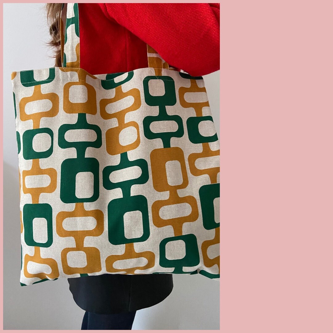 Large Fabric Bag. Pattern 60s 70s. Handmade Fabric Bag. Green Etsy