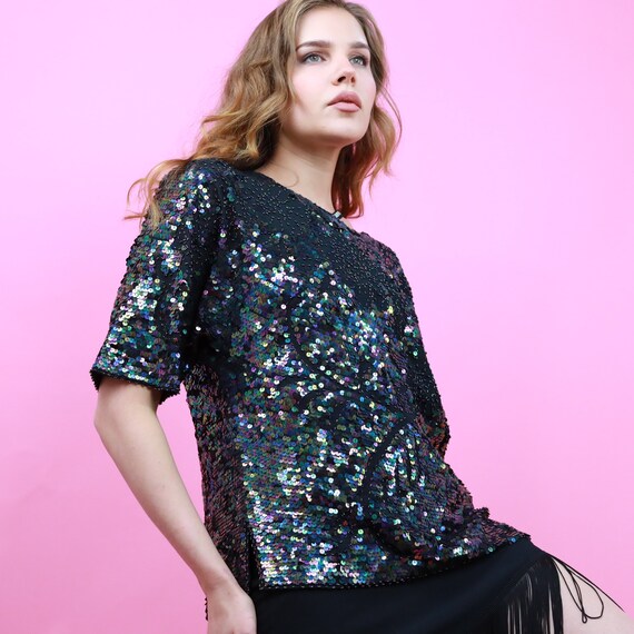 80s black sequin metallic beaded top. Festival wea