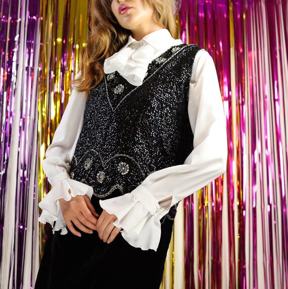 Vintage 60s black and silver floral sequin vest
