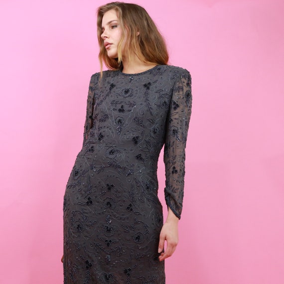 Stunning vintage full length grey beaded evening g