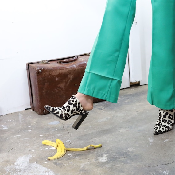 Vintage 90s Senso cow print animal hair mules. 90s