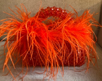 Handmade Summer Vacation Orange Pearl Bead Bag With Ostrich Feather Fur Top Handle Bag Crystal Hand Bag