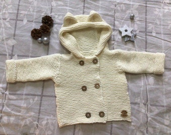 Ready to ship 62-74 cardigan with hood coconut buttons baby child hand knitted with ears handmade baby cardigan cotton gift natural