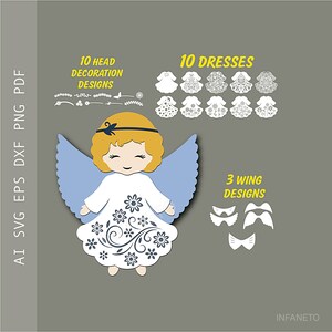 May include: A digital cut file design of an angel with blue wings, a white dress with floral designs, and a yellow halo. The design also includes 10 head decoration designs, 10 dress designs, and 3 wing designs.
