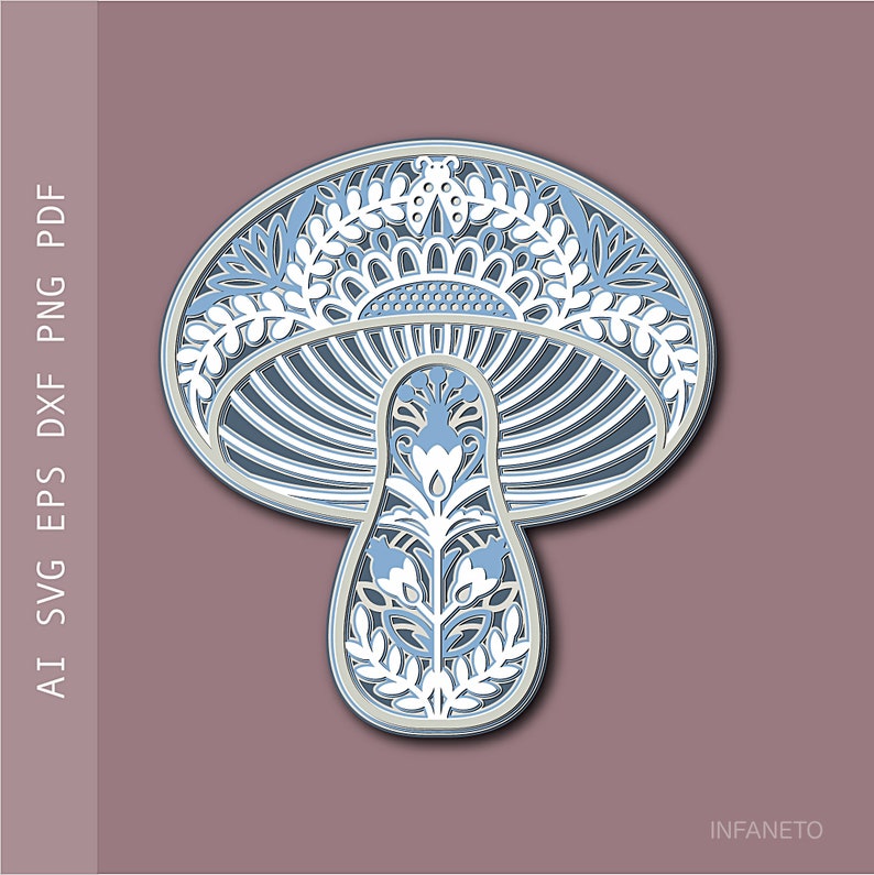 Multilayer Mushroom SVG, Paper Cut File, Layered Template, Cricut SVG, Mandala SVG, Laser Cut Digital File, Vector SVG, Silhouette SVG file.

This image is a layered SVG containing 5 (five) different layers, that you can place one on top of the other.

Digital files are created for cutting machines.