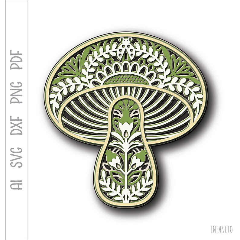 Multilayer Mushroom SVG, Paper Cut File, Layered Template, Cricut SVG, Mandala SVG, Laser Cut Digital File, Vector SVG, Silhouette SVG file.

This image is a layered SVG containing 5 (five) different layers, that you can place one on top of the other.

Digital files are created for cutting machines.