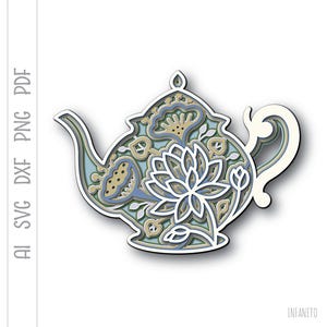 Geschichtete Blumen Teekanne SVG: Cricut, Silhouette, Papierschnitt Datei (Digitaler Download)
