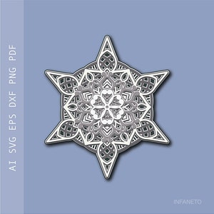 3D-Schneeflocke-Mandala SVG: Geschichtete Weihnachtsdekor, Laser-Schnitt-Datei