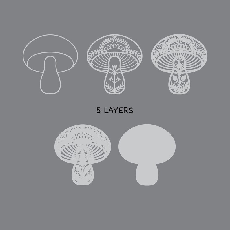 Multilayer Mushroom SVG, Paper Cut File, Layered Template, Cricut SVG, Mandala SVG, Laser Cut Digital File, Vector SVG, Silhouette SVG file.

This image is a layered SVG containing 5 (five) different layers, that you can place one on top of the other.

Digital files are created for cutting machines.
