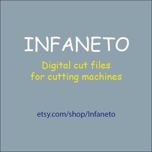 May include: A light blue graphic with the word "INFANETO" in white, handwritten-style font. Below, in yellow, are the words "Digital cut files for cutting machines." The Etsy shop URL is at the bottom.