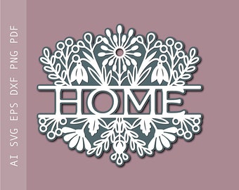 May include: White silhouette of the word "HOME" with a floral design around it. The design features stylized flowers, leaves, and berries.