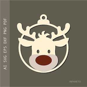 Faccia di renna SVG Ornamento svg File tagliato al laser Decorazioni natalizie SVG per cricut silhouette Rudolf svg Modello 3D Modelli vettoriali Progetto fai-da-te