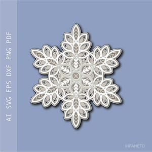 Fiocco di neve SVG SVG a strati File di taglio multistrato Mandala SVG Decorazione natalizia tagliata su carta Modello 3D Silhouette Cricut SVG File di taglio laser Modello SVG