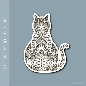 Kat gesneden bestanden Cricut ontwerpen Papier gesneden bestand Meerlaagse mandala 3D-model Gelaagde gesneden bestanden DIY-project Silhouet Glowforge Cutting-bestand