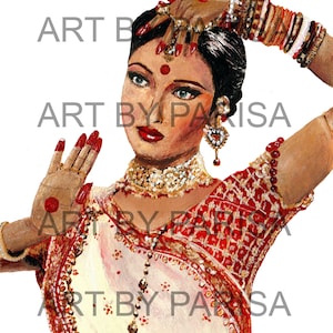 May include: A painting of a woman wearing a red and white sari with gold jewelry. She has a red dot on her forehead and her hair is pulled back. She is holding her hands up in a traditional Indian dance pose.