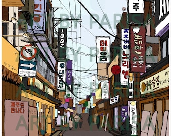 Impresión de escenas callejeras de Seúl: arte de viajes de Corea del Sur, arquitectura de Asia Oriental