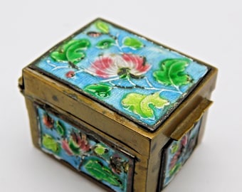 Circa 1920's Antique Brass Chinese Champleve Enamel Floral Small Stamp Box