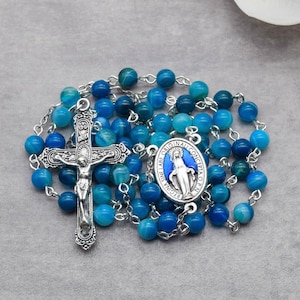 Blue Agate Stone Miraculous Medal Catholic Rosary