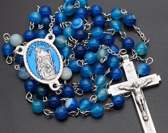 Rosario católico de la Sagrada Familia con piedra de ágata azul / Regalos católicos / Rosario de piedra azul