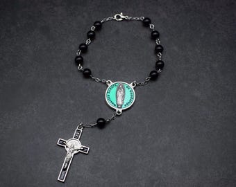 Rosario católico para auto de Nuestra Señora de Guadalupe en obsidiana natural / Rosario para hombre / Mini rosario / Rosario para hombre / Rosario negro para auto