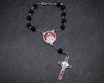 Rosario católico para coche con el Sagrado Corazón de Jesús, de auténtica piedra de lava negra / Rosario para hombre / Mini rosario / Rosario para hombre / Rosario negro para coche