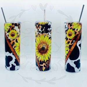Sunflower Tumbler, Sunflower Cow print Tumbler, Sunflower Cowhide Leopard Tumbler, Rustic Tumbler, Country Western Tumbler, Can Cooler