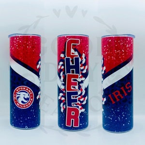 Cheer Tumbler, Cheerleader Tumbler, Red white and Blue cheer, Cheer Water Bottle, Cheer Can Cooler